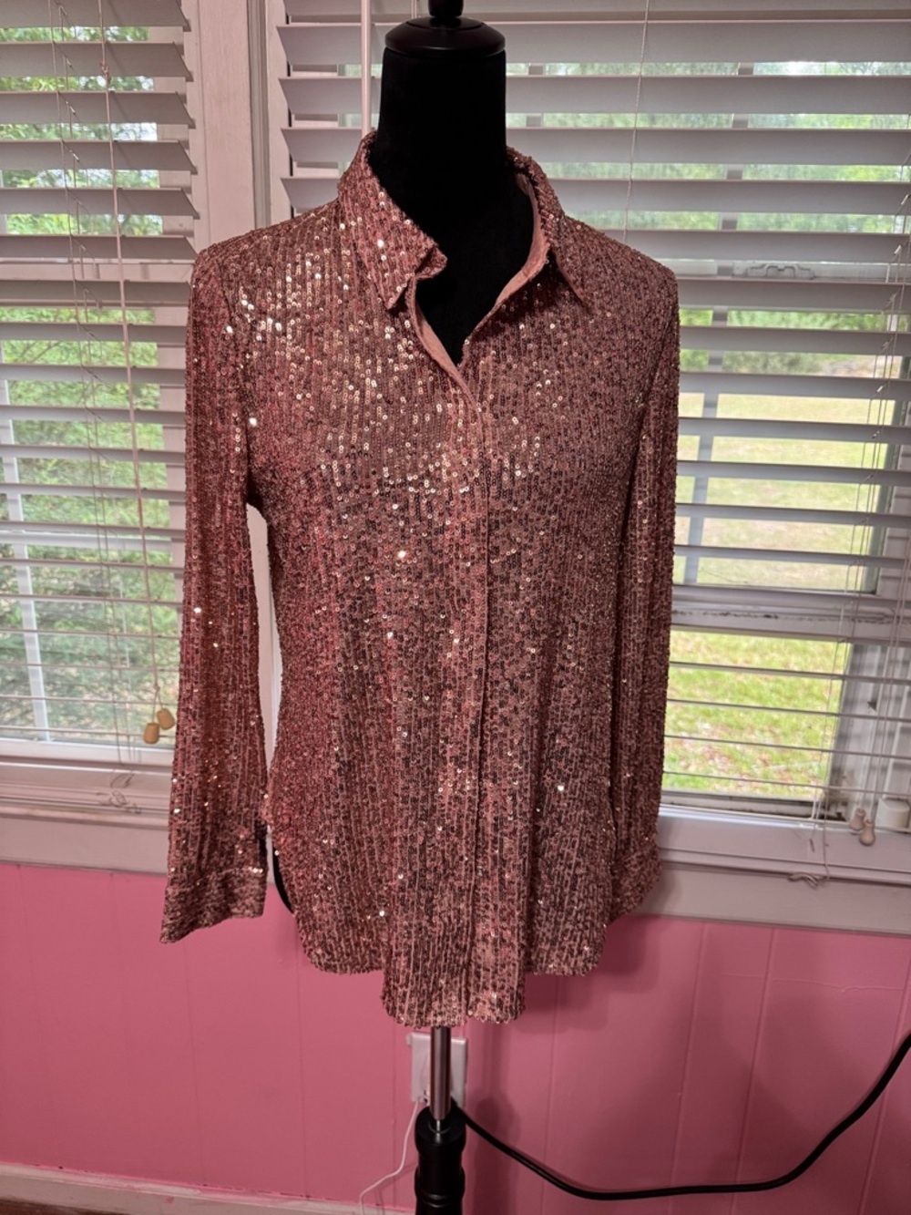 Halogen Rose Gold Sequin Button-Down Shirt